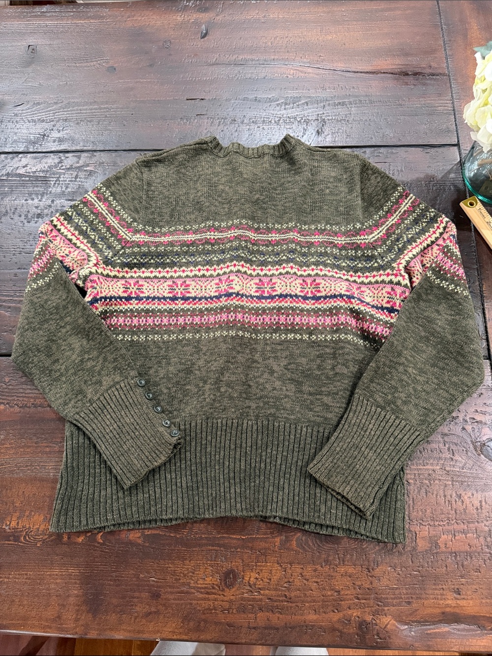 Vintage Tiara Fair Isle Cardigan Sweater Olive Green Pink Ramie Cotton Womens L - Picture 10 of 11